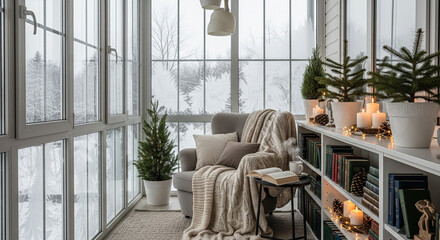zoom background Cozy winter retreat, armchair, books, candles, and snowy window view