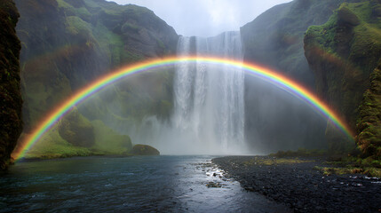 Vibrant Rainbow Arching Over a Misty Waterfall &ndash; Radiant Cascade, Lush Green Foliage, and Enchanted Nature Scenery