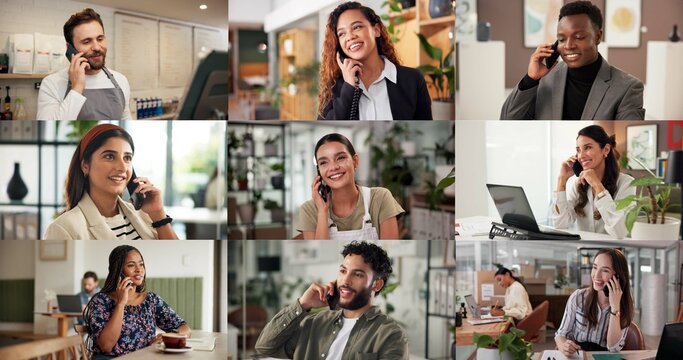 Business people, phone call or montage with smile, talk or communication for negotiation feedback. Workers, mobile or collage of conversation with men, women or contact for networking with connection