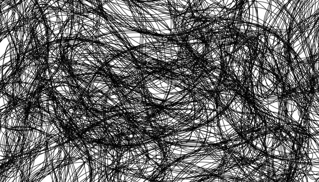 Abstract black scribble lines forming a chaotic, tangled pattern on a white background, creating an expressive and dynamic texture suitable for artistic, modern, and creative design projects.