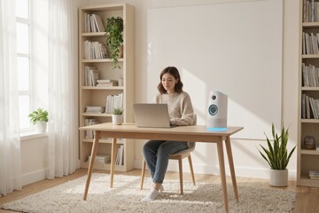 Woman working on laptop beside glowing smart speaker in bright minimalist home office.