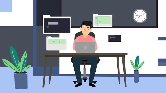 Young Programmer At Modern Desk Working On Laptop With Floating Screens In Office