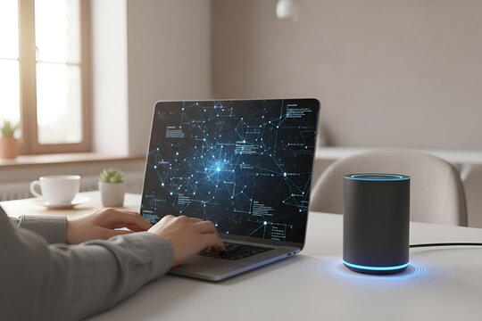 Hands typing on a laptop next to a smart device in a home office - Powered by Adobe