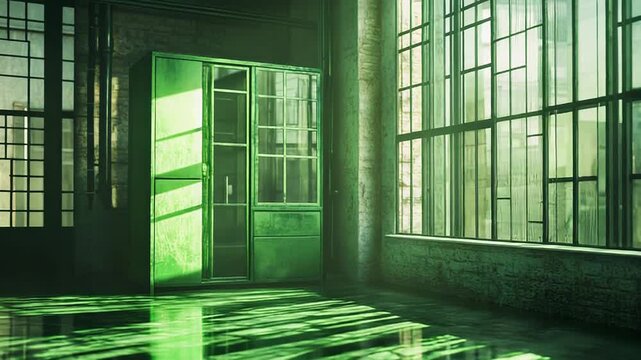Empty industrial loft room with green cabinet and sunlight reflections