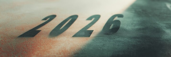 Year 2026 number on rough textured surface, showing gradient of warm and cool tones. Concept of future, time, and new year planning