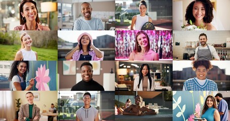 Obraz premium Portrait, happy and montage of different people for variety in business for career development. Collage, diversity and smile with group at location or venue for job, outdoor break or wedding event