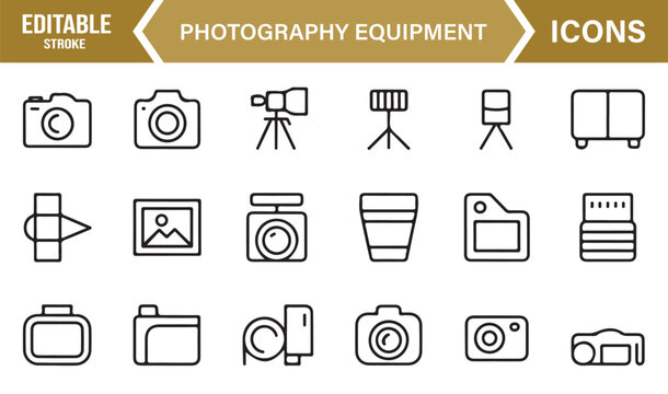 Simple Outline Icon Pack of Photo Equipment for Studio and Outdoor Photography