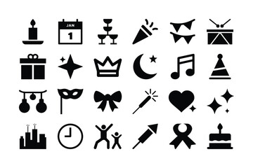 Set of new year celebration icons, Birthday, party and festive symbols on white background
