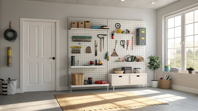 Organized garage workshop with pegboard tool storage and natural light zoom background 