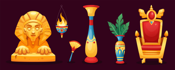 Ancient Egypt temple. Tutankhamun chair. Pharaoh civilization game interface design. Archeology icon. Cartoon column and throne. Sphinx sculpture. Pyramid interior objects. Vector tidy elements set