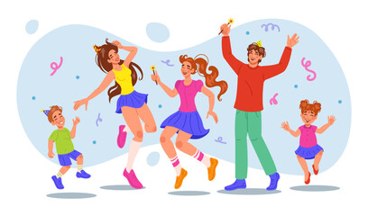 Naklejka premium Family celebration. Mother, father, and kids celebrating together. Home folk happiness, laughter and dancing characters. Cartoon smiling people festive. Happy Xmas. Vector tidy isolated illustration
