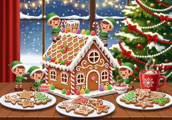 Festive Gingerbread House Scene with Elves and Christmas Cookies.