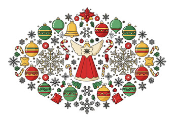 Festive Christmas Ornament Composition with Angel Baubles Snowflakes and Candy Canes.