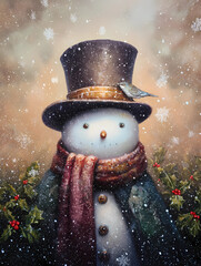 A snowman wearing a hat and scarf