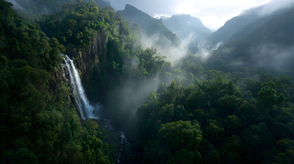 Vibrant Rainforest Waterfall with Misty Air &ndash; Lush Tropical Foliage, Cascading Waters, and Enchanting Jungle Atmosphere