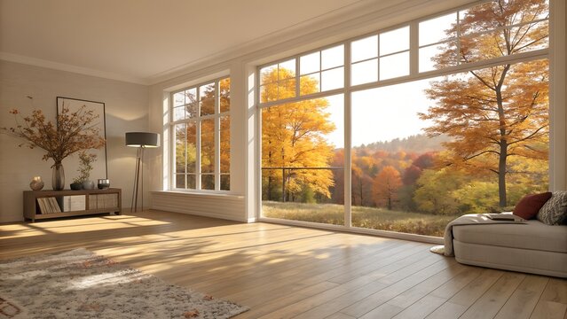 Cozy interior with stunning autumn forest view through large windows zoom background 
