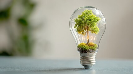 Green Tree Growing Inside Glowing Light Bulb Eco Concept