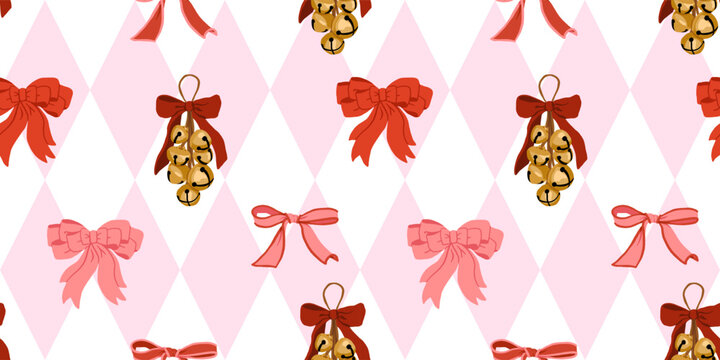 Vintage Christmas seamless pattern with red and pink bows, golden jingle bells and retro harlequin background, cozy festive flat vector illustration for holiday wrapping paper and textile design