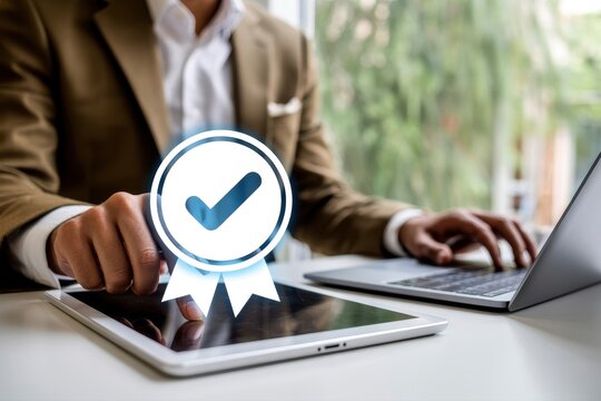 Business process automation with tablet and laptop for efficiency and quality assurance approval process - Powered by Adobe