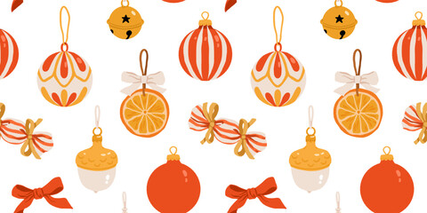 Vintage Christmas ornaments seamless patterns set, cozy retro holiday baubles, stockings, bows, bells, candy and star decorations in flat vector illustration for wrapping paper, textile and stationery