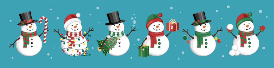 Set of cute Christmas snowmans celebrating holidays. Vector illustration