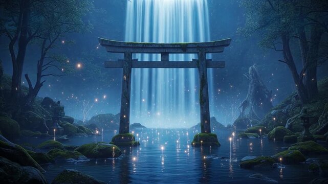 光の滝と蛍が舞う幻想的な水上鳥居：ループ