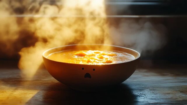Steaming bowl of soup with surprised face expression
