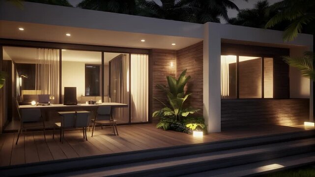 Modern Tropical Home Exterior Illuminated at Night Architectural Rendering