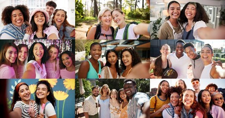 Collage, selfie and different people with portrait, bonding together or fun in digital memories. Composite, POV or group in moment capture with happiness, emoji or diverse friendship on social media