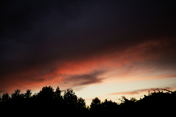 Obraz premium Dramatic orange and dark sky at sunset or sunrise above a tree line.