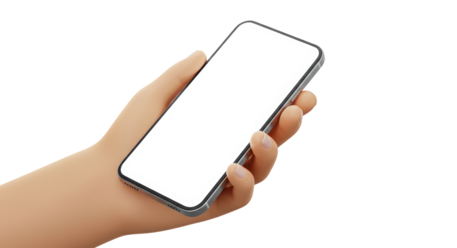 Holding a Smartphone: A close-up shot of a hand gracefully holding a modern smartphone, showcasing its sleek design and the blank screen with a clear representation for user interface design.