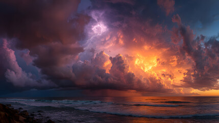 Vibrant Storm Glowing Over the Ocean Horizon &ndash; Radiant Lightning Clouds, Powerful Waves, and Dramatic Atmospheric Seascape