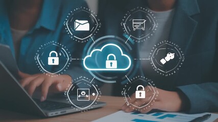 Business team using cloud technology with advanced security and data encryption. Visual icons represent AI-powered backup, secure file sharing, and seamless digital transformation tools. - Powered by Adobe