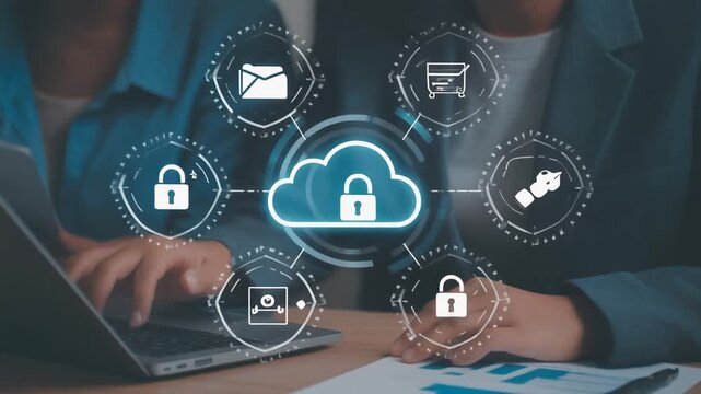 Business team using cloud technology with advanced security and data encryption. Visual icons represent AI-powered backup, secure file sharing, and seamless digital transformation tools. - Powered by Adobe