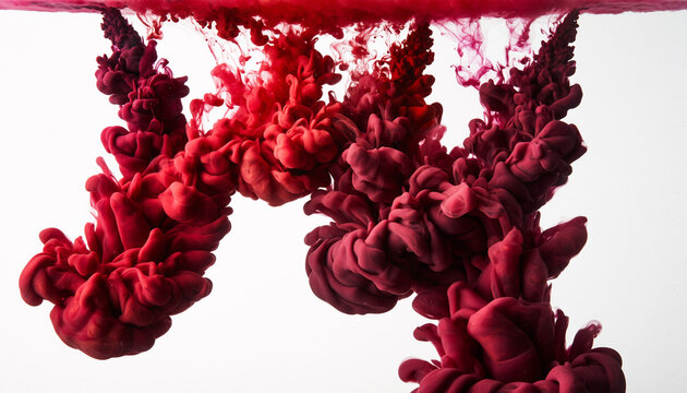 Imagen hiperrealista de un fondo completamente blanco, con pintura roja cayendo desde la parte superior. La pintura se desliza en gotas y chorros, creando salpicaduras y efectos de fluido realistas