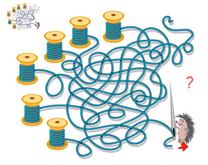 Logic puzzle game for smartest. Help the hedgehog to find a spool with a thread that leads to a needle. Brain teaser book with maze. Educational page. Kids activity sheet. Flat vector illustration.