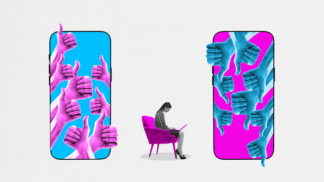 Bold artwork showing positive and negative digital feedback overwhelming user. Concept of online validation, pressure, mental contrast in social media, and emotional feedback impact.