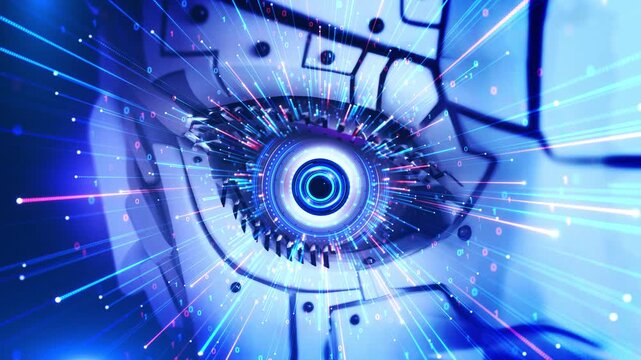 Futuristic digital eye scanner binary code Future innovation AI artificial intelligence hi tech technology. Neural network machine learning sci fi abstract background. Virtual reality big data concept - Powered by Adobe