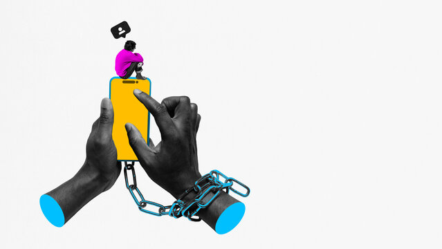 Conceptual composition of chained hands using smartphone with tiny lonely figure above. Concept of addiction, isolation, digital dependency, and struggle with tech control. - Powered by Adobe