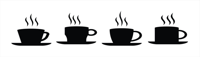 Coffee mug vector icons and tea cup silhouette set. Hot drink symbols with steam, heart, and teabag. Cafe and coffee shop branding elements for logo or web design. Vector illustration.