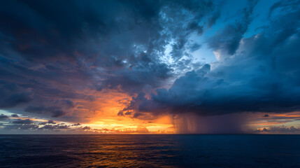 Vibrant Storm Forming Over the Ocean Horizon &ndash; Dramatic Dark Clouds, Powerful Waves, and Intense Atmospheric Seascape