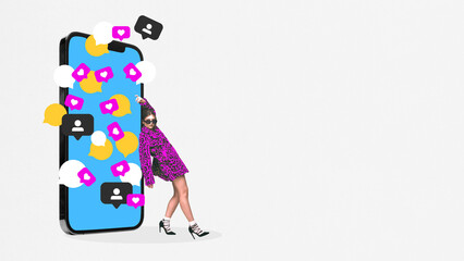 Dynamic collage of stylish woman overwhelmed by smartphone bursting with colorful message bubbles. Concept of digital saturation, influence pressure, online persona stress, and identity overload.