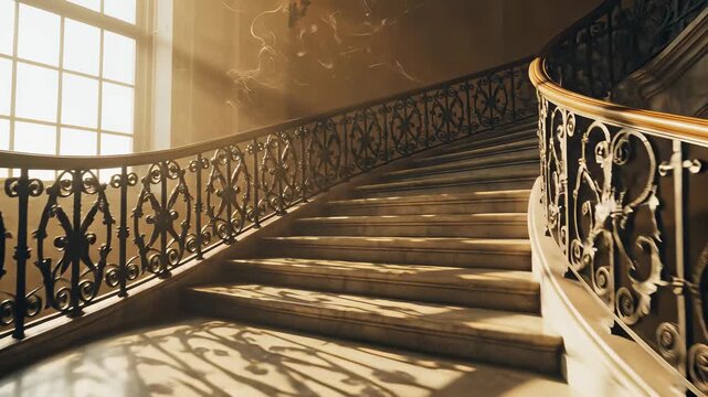Stairwell ascent illuminated by natural light and warm glow of clock, conveying upward momentum and progression in concept of Xeo, perfect for visual storytelling, corporate branding.
