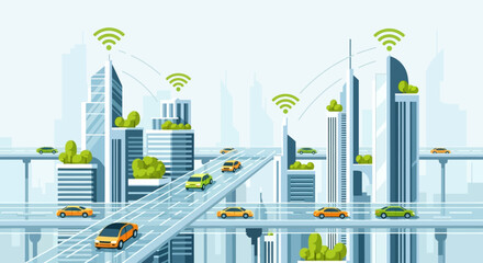 smart city concept with connected buildings, electric cars, and wireless network