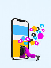 Playful poster of person crawling into giant smartphone while social icons float outward. Concept of digital escapism, online immersion, disappearing into virtual life, and reality withdrawal.