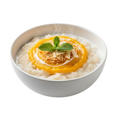 Delicious rice porridge topped with egg and herbs isolated on transparent background