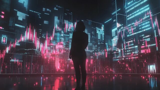 Woman observing global financial data in futuristic interface - Powered by Adobe