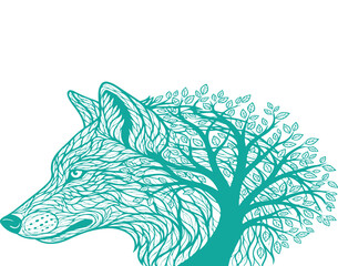 Teal wolf head silhouette with tree branches and leaves on transparent background