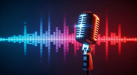 Vintage Microphone On Stage With Blue And Red Neon Lights And Digital Audio Equalizer Bars Representing Music Podcast Radio Entertainment Sound Recording Or Live Event Performance Art And Broadcasting