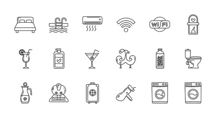 Set of hotel service icons outline vector symbols for travel and vacation isolated on white backgrou